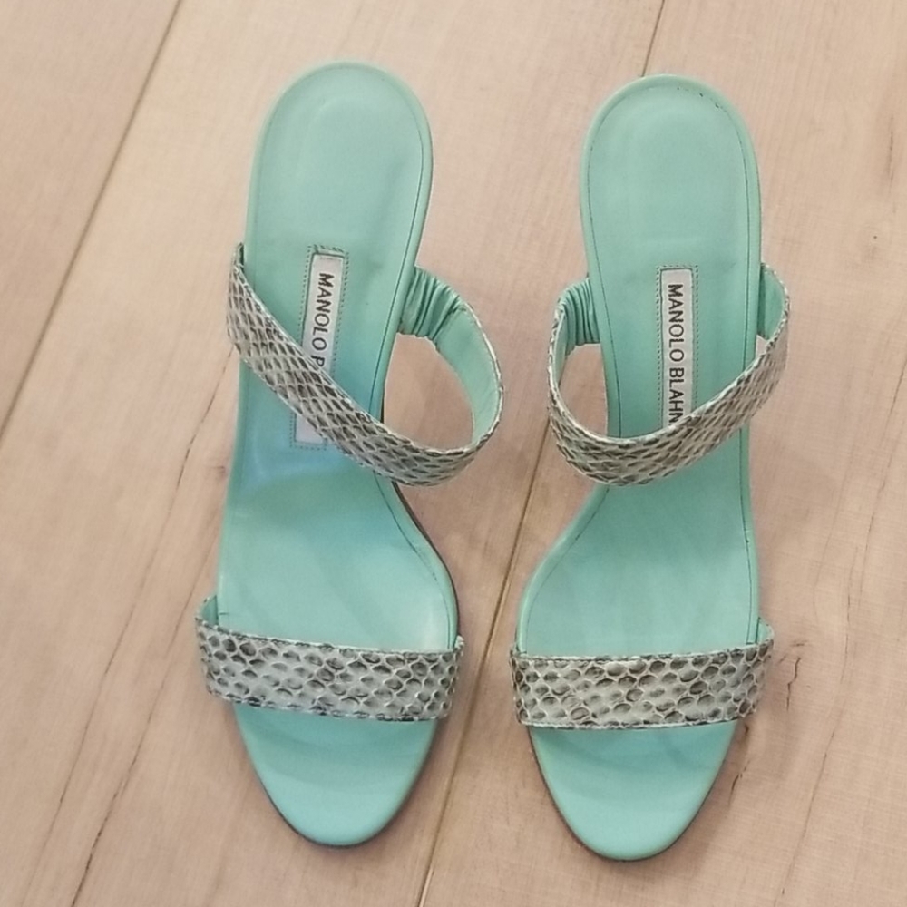 Manolo Blahnik Teal Snake Skin Sandals